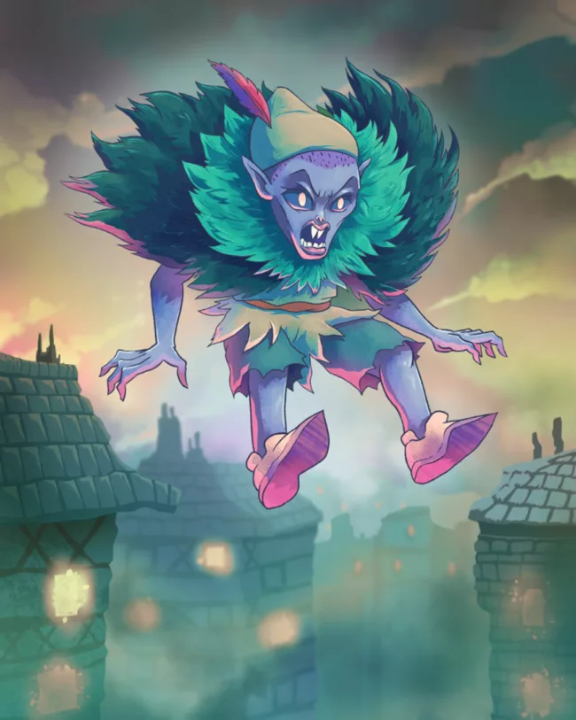 vampire peter pan volant au dessus d'une ville