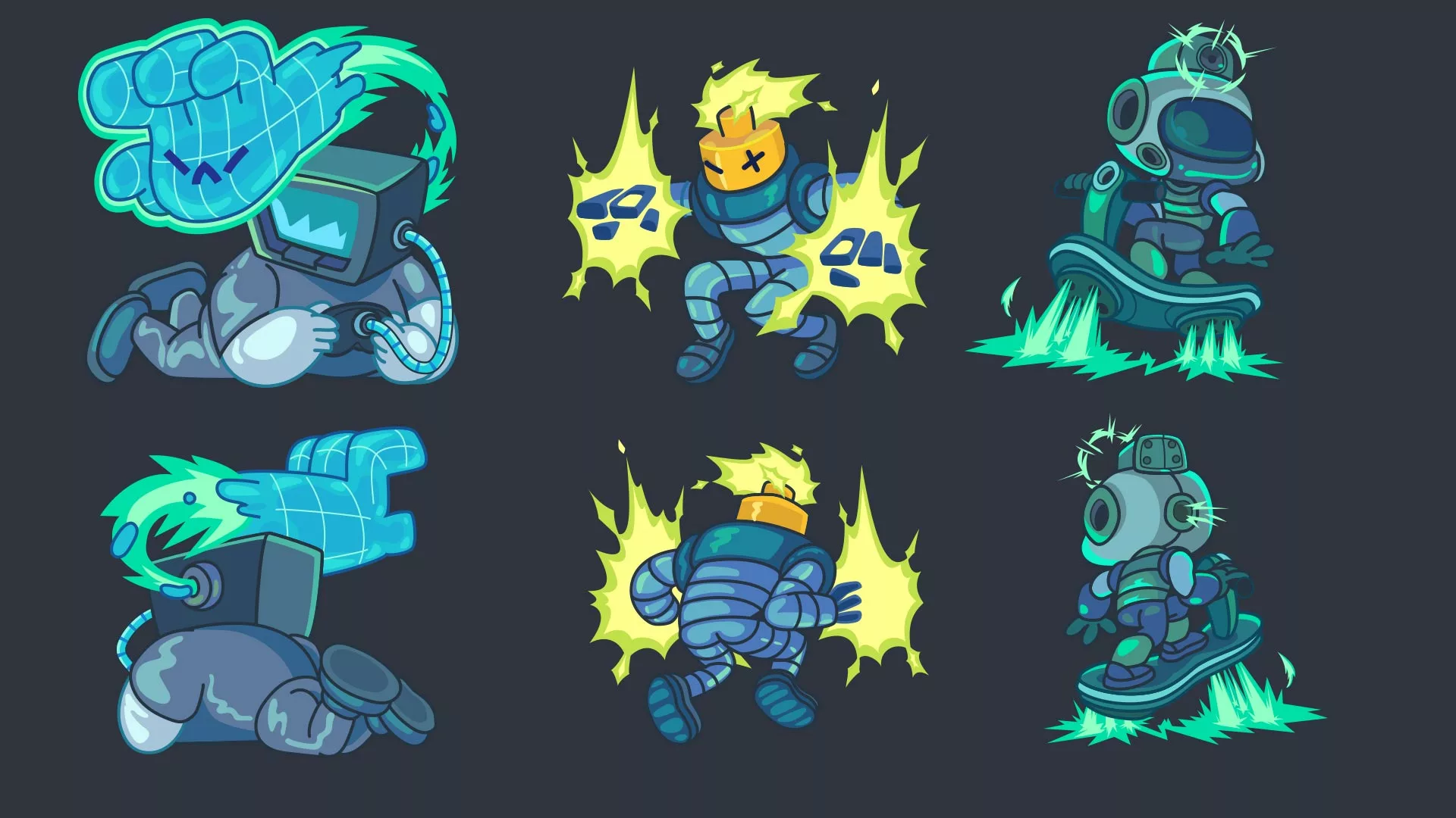 charades_magikmon_back02 character design face et dos ordinateur, electricité et scooter