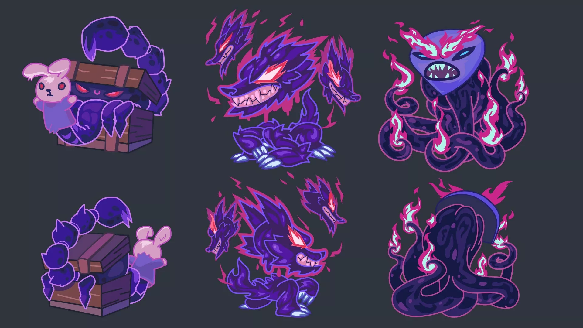 charades_magikmon_back03 character design face et dos coffre piègé, loup et monstre