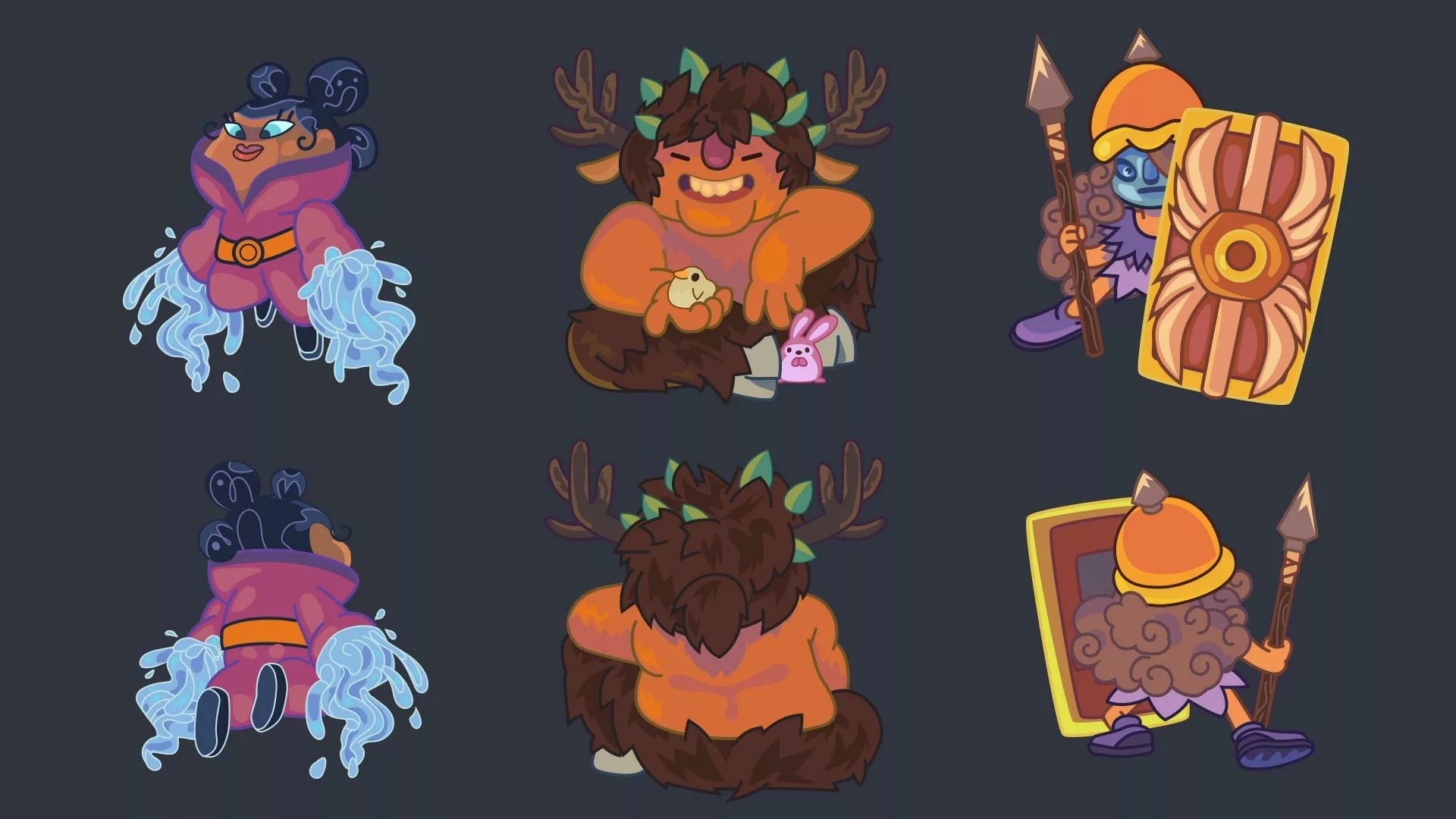 charades_magikmon_back05 character design face et dos yemanja, cernunos et athena